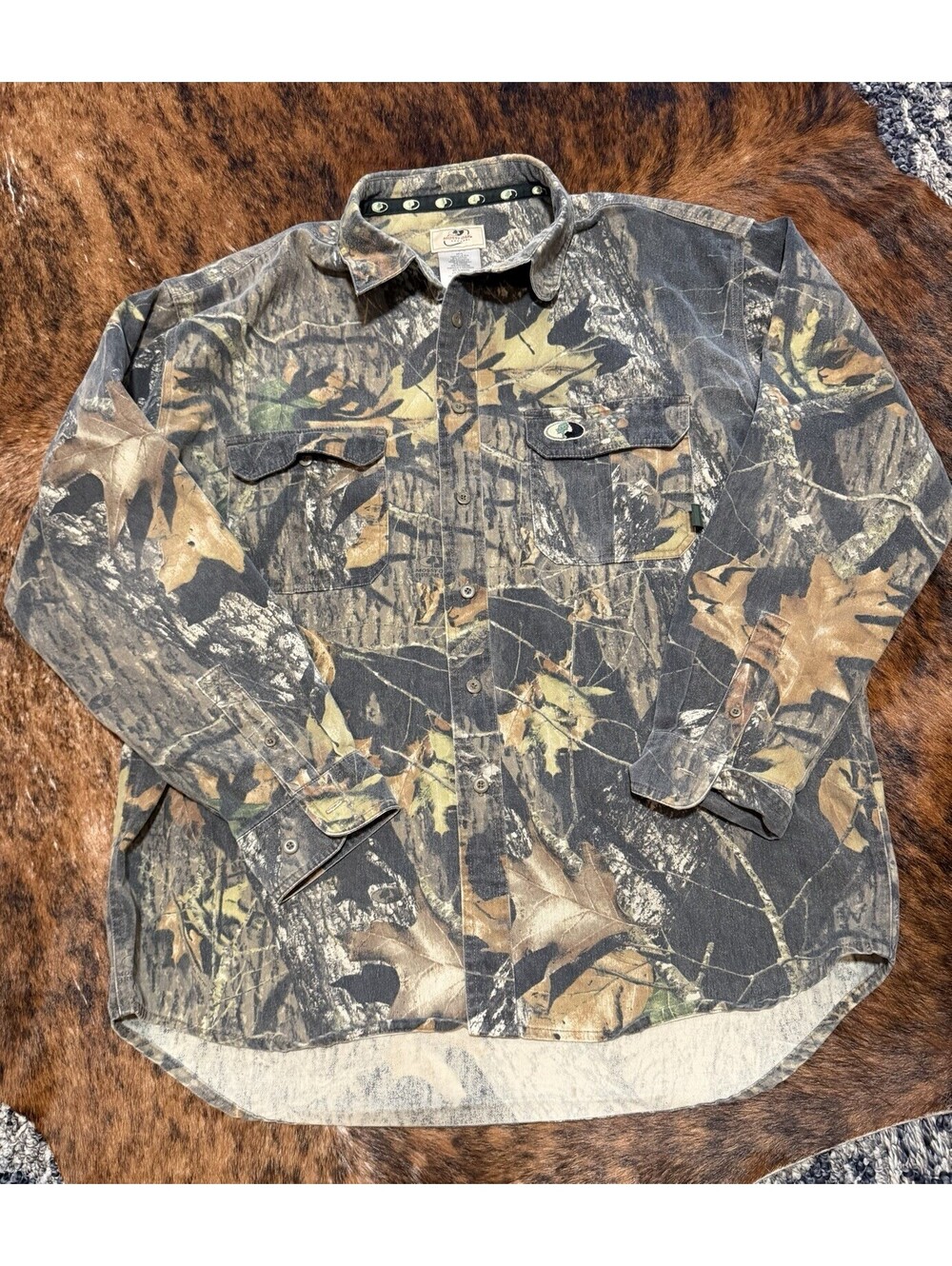 Vintage Mossy Oak Shirt Mens XL Brown Camo Long Sleeve Button Up Hunting Outdoor